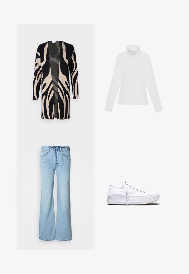 Lang jack van zacht materiaal, met een zwart en beige zebrapatroon. Ontwerp met open voorkant, lange mouwen en een relaxte pasvorm.; Witte lange mouw turtleneck top gemaakt van glad, elastisch materiaal. Voorzien van een hoge kraag en een getailleerd ontwerp, zonder zichtbare patronen of versieringen.; Lichtblauwe spijkerbroek met uitlopende pijpen, gemaakt van denim, voorzien van een knoopsluiting aan de voorkant, vijf zakken en subtiele vervaging.; Witte lage canvas sneaker met dikke plateauzool, veters aan de voorkant en rubberen toeskap met structuur, zijaanzicht.