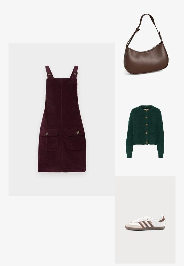 Grüne gestrickte Strickjacke mit strukturiertem Muster, Rundhalsausschnitt und fünf braunen Knöpfen auf der Vorderseite. Kurze Länge, gerippte Bündchen.; Rippkleid in tiefem Burgunderrot, mit verstellbaren Trägern, vorderen Taschen mit Metallbeschlägen und schmaler Passform. Strukturierter Stoff.; Weißer Adidas Samba Sneaker mit braunen Wildlederstreifen, brauner Gummisohle und beiger Wildlederkappe, von der Außenseite auf schlichtem Hintergrund gezeigt.; Kleine braune Lederschultertasche mit verstellbarem Riemen und Reißverschluss, vor weißem Hintergrund. Kein sichtbares Branding oder Verzierung.