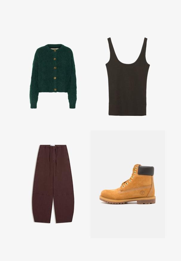 Groene gebreide cardigan met een textuurpatroon, ronde halslijn en vijf bruine knopen aan de voorkant. Verkorte lengte, geribbelde manchetten.; Donkerbruin mouwloos tanktop met brede schouderbanden en een ronde hals, plat uitgevouwen op een witte achtergrond.; Losse, donkerbruine broek met elastische tailleband en trekkoord, met zichtbare stiksel details over de broekspijpen.; Bruine leren enkelboot met zwarte voering, gouden oogjes en een gestructureerde zool. Kenmerkt zich door een cirkelvormig logo aan de zijkant en stikselaccenten.