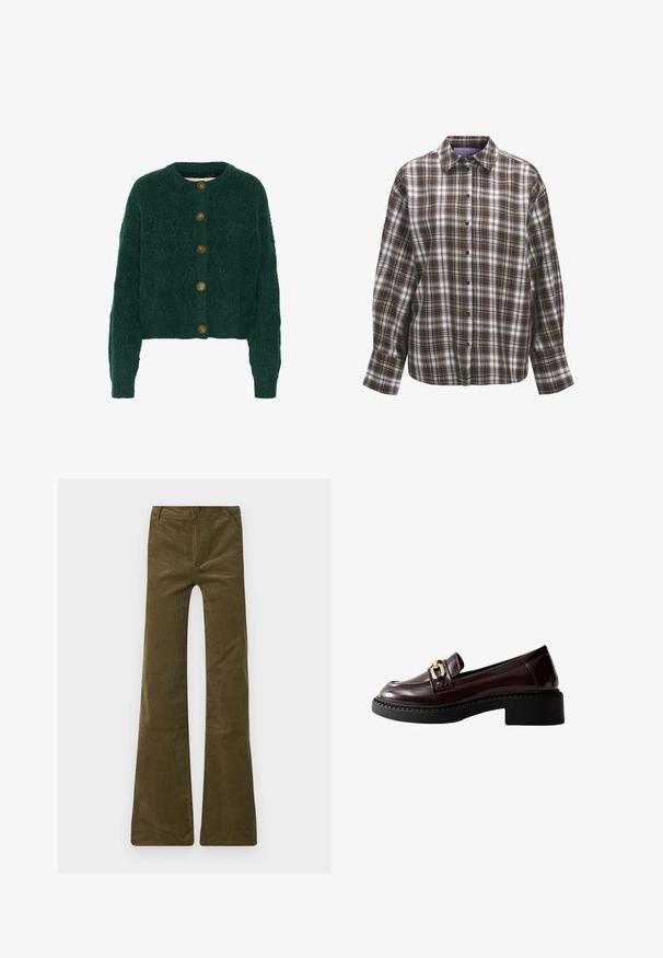 Grüne gestrickte Strickjacke mit strukturiertem Muster, Rundhalsausschnitt und fünf braunen Knöpfen auf der Vorderseite. Kurze Länge, gerippte Bündchen.; Braun-weißer Karobluse mit Kragen, langen Ärmeln und Knopfleiste. Sie zeichnet sich durch ein karierter Muster mit unterschiedlich breiten Streifen und Texturen aus.; Olivgrüne Cordhosen mit weitem Bein, Knopfverschluss und Reißverschluss. Mit Fronttaschen und einer weichen, strukturierten Oberfläche.; Braune Lackleder-Lederjacken mit einer klobigen schwarzen Sohle, die vorne eine goldene Schnallenakzent und subtile gestickte Details an den Seiten aufweisen.