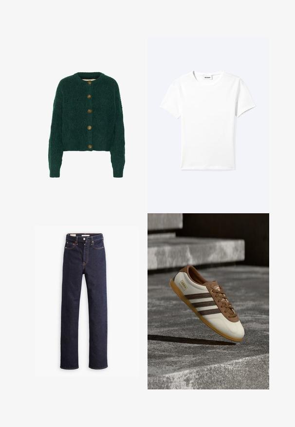 Groene gebreide cardigan met een textuurpatroon, ronde halslijn en vijf bruine knopen aan de voorkant. Verkorte lengte, geribbelde manchetten.; Effen wit T-shirt met korte mouwen en ronde hals met een klein "WEEKDAY" label aan de binnenkant van de hals, plat neergelegd op een lichte achtergrond.; Donkerblauwe straight-leg denim jeans met vijf zakken en zichtbare oranje stiksels op een witte achtergrond.; Witte en bruine Adidas Gazelle sneaker met gumzool zwevend boven stenen trappen en grond in een buitenomgeving.