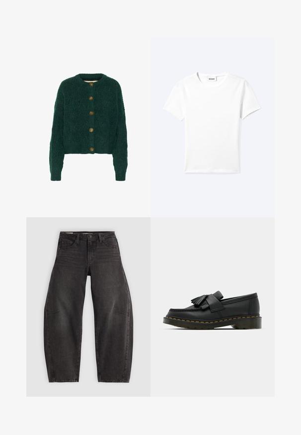 Grüne gestrickte Strickjacke mit strukturiertem Muster, Rundhalsausschnitt und fünf braunen Knöpfen auf der Vorderseite. Kurze Länge, gerippte Bündchen.; Einfaches weißes T-Shirt mit kurzen Ärmeln und Rundhalsausschnitt sowie kleinem "WEEKDAY"-Etikett im Nacken, flach auf einem hellen Hintergrund präsentiert.; Schwarze Denim-Jeans mit Relaxed Fit, ausgestattet mit fünf Taschen, einem Knopfverschluss und subtilen Verblassungen. Der Stoff hat eine glatte, robuste Textur.; Schwarze Lederloafers mit runder Zehenpartie, ausgestattet mit einer fransigen Detail und einem dekorativen Band, das über die Vorderseite verläuft, auf einem stabilen Absatz.