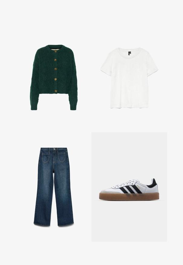 Chaleco de punto verde con un patrón texturizado, cuello redondo y cinco botones marrones en el frente. Largo corto, puños acanalados.; Camiseta blanca de manga corta con un cuello redondo, hecha de tejido ligero. Diseño simple, textura suave y dobladillo recto.; Jeans de mezclilla azul oscuro con un diseño de pierna ancha. Cuenta con cinco bolsillos, un cierre en la parte frontal con botón y costuras visibles.; Zapatillas de cuero blancas con rayas negras, suela de goma, puntera redonda, cierre de cordones y caperuza de ante gris suave.