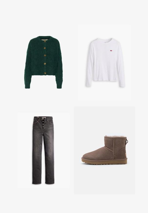 Grøn strikket cardigan med et struktureret mønster, rund halsudskæring og fem brune knapper foran. Korte ærmer, ribbede manchetter.; Hvid langærmet skjorte lavet af blødt bomuld. Har et lille rødt Levi's logo på venstre bryst. Klassisk crew neck design.; Sorte højtaljede jeans med lige ben-design, lavet af denim. Features en knaplukning, kobberdetaljer og kontrastsyninger.; Brune ruskind ankelstøvle med blødt fleecefôr, rund tå, stikninger og en struktureret gummisål for godt greb.