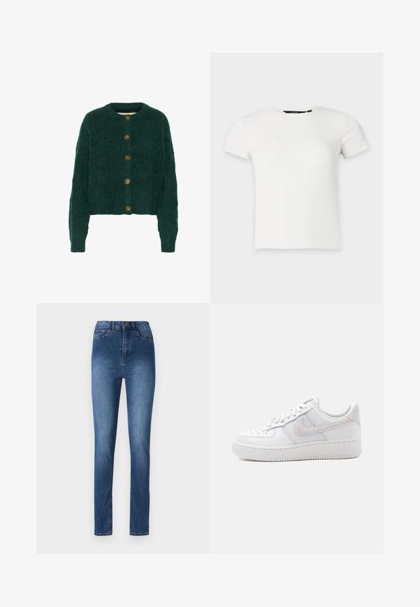 Groene gebreide cardigan met een textuurpatroon, ronde halslijn en vijf bruine knopen aan de voorkant. Verkorte lengte, geribbelde manchetten.; Wit geribbeld gebreid T-shirt met korte mouwen en een ronde hals, weergegeven op een effen lichtgrijze achtergrond.; Blauwe denim jeans met een slim fit, met een middelhoge taille, vijf zakken en subtiele stikseldetails. Glad textuur en klassiek ontwerp.; Witte lage Nike Air Force 1 sneaker met witte veters, perforaties op de neusplaat en een mesh paneel achter het Nike Swoosh-logo.