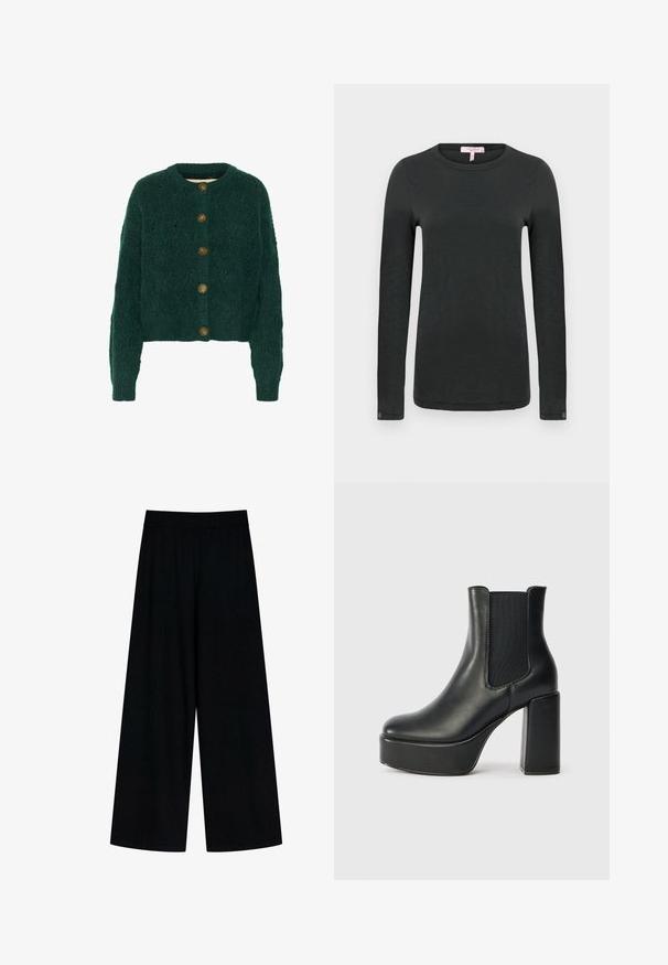 Roheline soonik kardigan tekstuuriga mustriga, ümmargune kaelus ja viis pruuni nööpi ees. Lühendatud pikkus, ribadest mansetid.; rag & bone THE SLUB - Pikkade varrukatega topp - black; Mustad laiad jalad mustades pükstes, millel on veniv vöökoht, sujuva tekstuuri ja puhaste joontega. Ideaalne juhuslikeks või lõdvestunud olukordadeks.; Mustmust musta nahkasaabas tugeva plokknatagusega, elastsete külgpaneelidega ja sileda tekstuuriga. Omab platvormi, et lisada kõrgust.