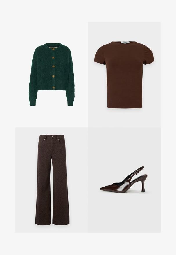 Grøn strikket cardigan med et struktureret mønster, rund halsudskæring og fem brune knapper foran. Korte ærmer, ribbede manchetter.; Brun T-shirt med korte ærmer, rund hals og ensfarvet design med et Topshop-mærke ved halsudskæringen.; Brune brede jeans med et subtilt leopardmønster, fremstillet i denim med en glat tekstur og klassisk fem-lommer design.; Brune patenterede læderslingback-sandaletter med spids tå, en tynd hæl og justerbar rem med en lille spænde.