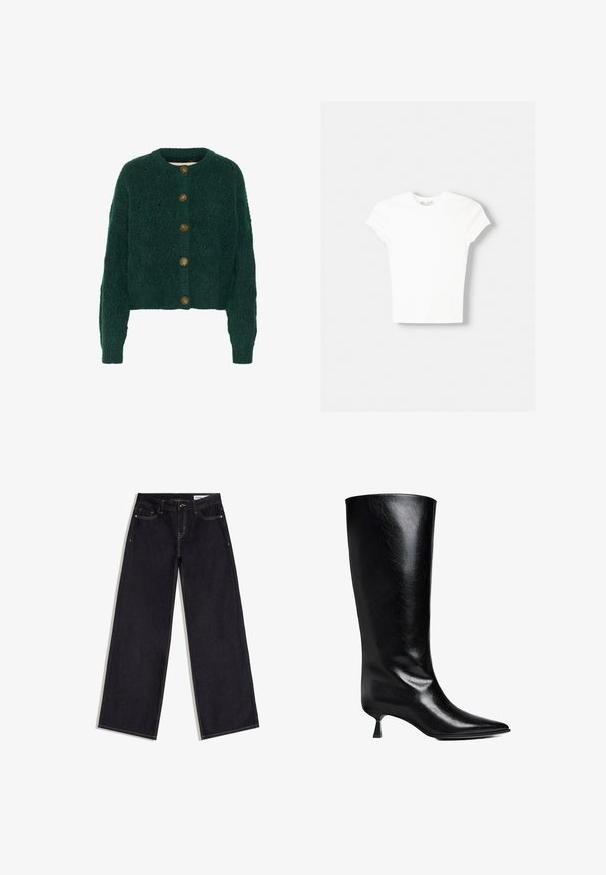 Grüne gestrickte Strickjacke mit strukturiertem Muster, Rundhalsausschnitt und fünf braunen Knöpfen auf der Vorderseite. Kurze Länge, gerippte Bündchen.; Weißes kurzärmliges T-Shirt aus weicher Baumwolle, mit Rundhalsausschnitt und figurbetonter Form. Keine sichtbaren Muster oder Verzierungen.; Dunkelblaue Jeans mit weitem Bein, vorn mit Taschen, Gürtelschlaufen und kontrastierenden Nähten, flach auf einem weißen Hintergrund liegend.; Schwarze Lederstiefel bis zum Knie mit spitzem Zehenbereich, schlanker Silhouette und niedrigem Blockabsatz mit glänzender Oberfläche.