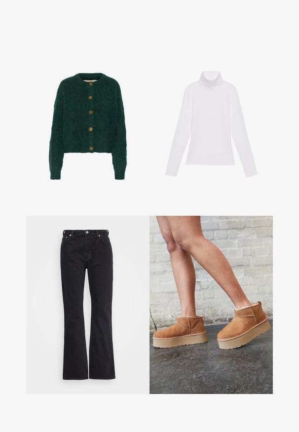 Roheline soonik kardigan tekstuuriga mustriga, ümmargune kaelus ja viis pruuni nööpi ees. Lühendatud pikkus, ribadest mansetid.; Valge pikkade varrukate turtleneck-särk, mis on valmistatud siledast ja venivast kangast. Omab kõrget kraed ja keha lähedast lõiget, ilma nähtavate mustrite või kaunistusteta.; Weekday PIN - Sirgete säärtega teksad - black; Pruunist seemsest valmistatud pahkluu saapad, millel on pehme vooder, paks beež platvormi konts ja tagumine tõmblukk. Tekstureeritud pind nähtavate õmbluse detailidega.