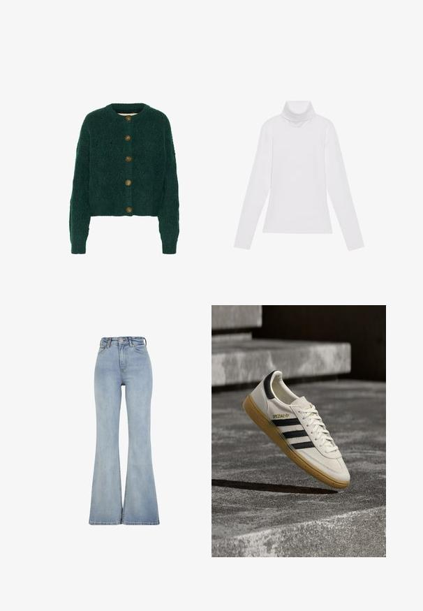 Grüne gestrickte Strickjacke mit strukturiertem Muster, Rundhalsausschnitt und fünf braunen Knöpfen auf der Vorderseite. Kurze Länge, gerippte Bündchen.; Weißes Langarm-Turtleneck-Oberteil aus glattem, elastischem Stoff. Mit hohem Kragen und tailliertem Schnitt, ohne sichtbare Muster oder Verzierungen.; Hellblaue Denim-Jeans mit hohem Bund und leicht ausgestelltem Bein am Saum, Frontknopf, Reißverschluss und Fünf-Taschen-Design.; Weißer Adidas Spezial Sneaker mit schwarzen Streifen und Kautschuksohle, der über grauen Steinstufen im Freien schwebt.