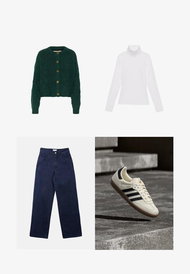 Roheline soonik kardigan tekstuuriga mustriga, ümmargune kaelus ja viis pruuni nööpi ees. Lühendatud pikkus, ribadest mansetid.; Valge pikkade varrukate turtleneck-särk, mis on valmistatud siledast ja venivast kangast. Omab kõrget kraed ja keha lähedast lõiget, ilma nähtavate mustrite või kaunistusteta.; Tumedad sinimood džinsid sirge jala kujundusega, ees on nupuga kinnitamine, vööde augud ja kaks eesmist taskut.; Valge Adidas Samba toss mustade triipude ja kummist tallaga, hõljuv tekstuurse halli betoonastme kohal.