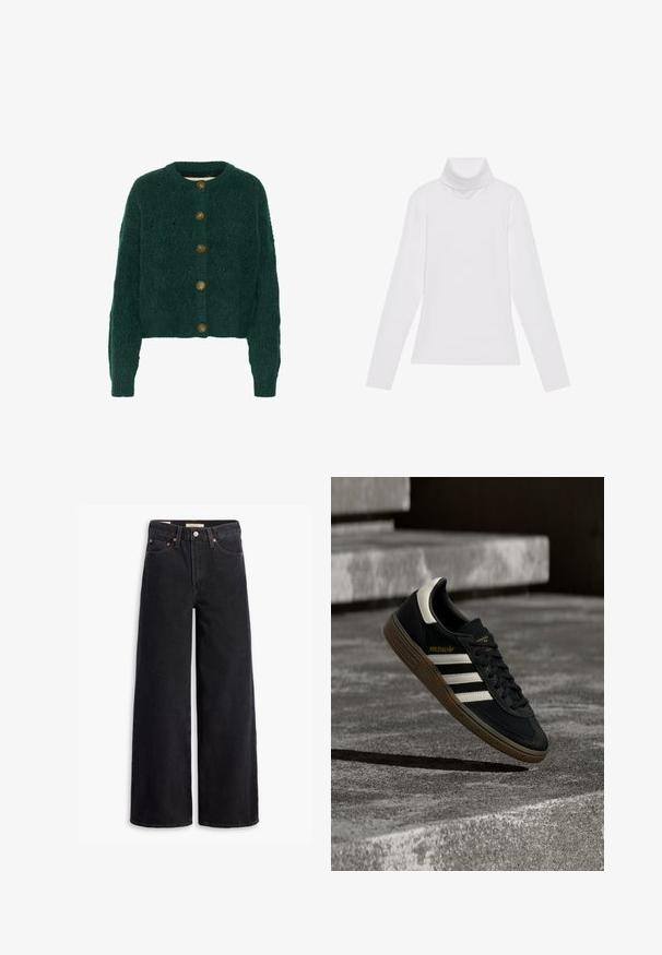 Groene gebreide cardigan met een textuurpatroon, ronde halslijn en vijf bruine knopen aan de voorkant. Verkorte lengte, geribbelde manchetten.; Witte lange mouw turtleneck top gemaakt van glad, elastisch materiaal. Voorzien van een hoge kraag en een getailleerd ontwerp, zonder zichtbare patronen of versieringen.; Zwarte brede jeans gemaakt van denim, met vijf zakken, koperen klinknagels en een klassieke knoopsluiting. Glad van textuur met een strakke uitstraling.; Zwarte Adidas sneaker met witte strepen en gumzool die boven grijze betonnen trappen zweeft in natuurlijk licht.