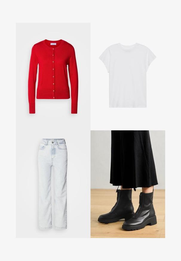 Rød strikket cardigan med rund halsudskæring, knaplukning foran og ribbede manchetter. Har en glat tekstur og metalliske knapdetaljer.; Hvid kortærmet t-shirt med rund hals, afslappet pasform, lavet af blødt bomuldsstof. Glat tekstur, ingen mønstre eller logoer.; Lysblå højtaljede jeans med lige ben, lavet af denim. Har en knapåbning, fem-lomme design og en diskret falmet tekstur.; Sorte læder ankelstøvler med en kraftig platformsål og en frontlynlås. Glat tekstur med et minimalistisk design.