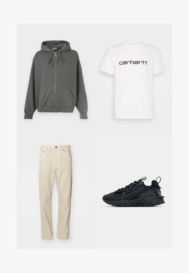Hoodie zippé gris en mélange de coton doux, avec une capuche à cordon, poches avant et poignets côtelés. Logo de la marque sur la poitrine.; T-shirt en coton blanc à manches courtes et col rond. Présente un grand logo "carhartt" en marron foncé sur la poitrine.; Pantalons en coton beige avec une coupe droite, cinq poches et des accents en métal. Texture lisse avec des détails de couture minimaux.; Chaussure de sport noire avec une tige en mesh respirant, des accents texturés et une semelle en caoutchouc ondulée. Comprend un logo réfléchissant et un système de laçage.