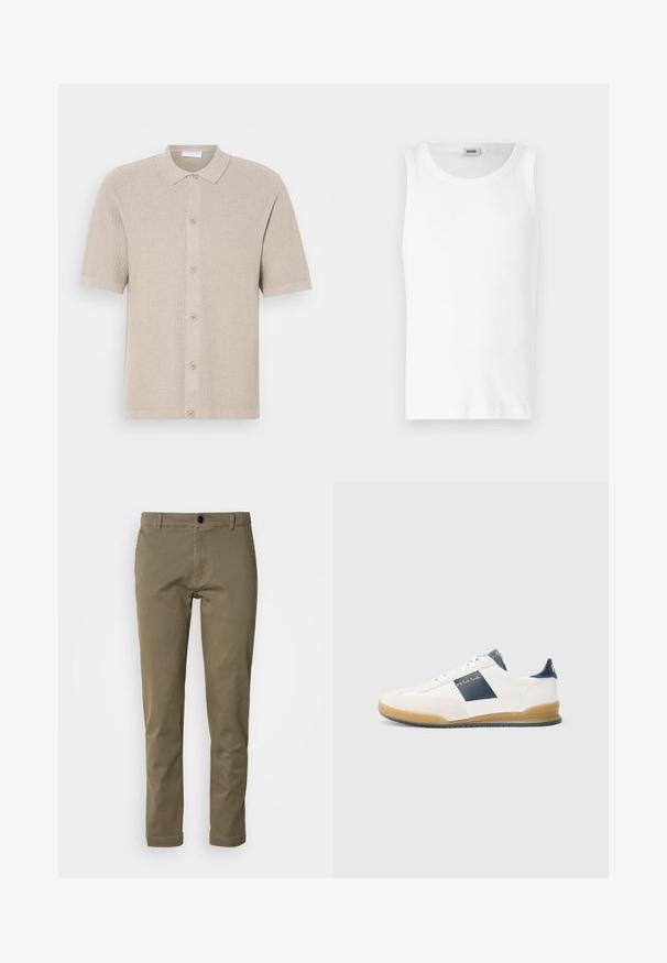 Beige lyhythihainen neulecardigan, jossa on teksturoitu kuvio, napitettava etuosa sekä ribbaus kauluksessa ja helmassa. Ominaisuutena viisi nappia samassa sävyssä.; Valkoinen puuvillainen hihaton toppi, jossa on pyöreä pääntie ja sileä pinta. Yksinkertainen muotoilu, ei kuvioita tai koristeita.; Oliivivihreät puuvillapantsit suoran leikkauksen kanssa, joissa on edessä nappikiinnitys ja kaksi sivutaskua. Sileä rakenne ja vähäinen yksityiskohtaisuus.; Valkoiset lenkkarit, joissa on tummansinisiä yksityiskohtia, valmistettu mokkanahasta ja nahasta, pyöristetty kärki ja kumipohja. Ominaisuuksina logo sivulla ja takana.
