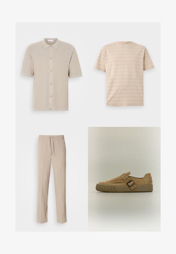 Beige lyhythihainen neulecardigan, jossa on teksturoitu kuvio, napitettava etuosa sekä ribbaus kauluksessa ja helmassa. Ominaisuutena viisi nappia samassa sävyssä.; Beigen värinen, lyhythihainen perusmallinen T-paita, jossa on hienovaraiset vaakasuorat teksturoidut raidat yksivärisellä taustalla.; Beige, housut, joissa on rento istuvuus, valmistettu pehmeästä kankaasta. Niissä on joustava vyötärönyöri ja suorat lahkeet, joissa on minimaalista koristelua.; Vaaleanruskea mokkanahkainen slip-on -kengä paksulla kumipohjalla ja mustalla solkihihnalla päällä, sivukuva yksivärisellä taustalla.