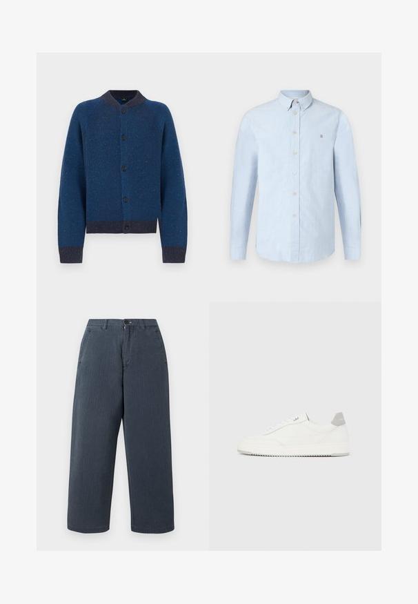 Cardigan bleu tricoté avec un motif texturé, encolure ronde et fermeture à boutons. Présente des poignets et un ourlet côtelés avec des accents bleu plus foncé.; Chemise bleu clair boutonnée, manches longues, col classique, en tissu texturé avec des boutons beiges et un petit logo sur la poitrine.; Pantalon large de couleur bleu marine en coton avec une finition texturée. Comprend des passants pour ceinture et des poches latérales. Coupe droite avec bords ourlés.; Baskets basses blanches avec un onglet de talon gris, des lacets blancs et une semelle texturée, présentées sur un fond uni clair.