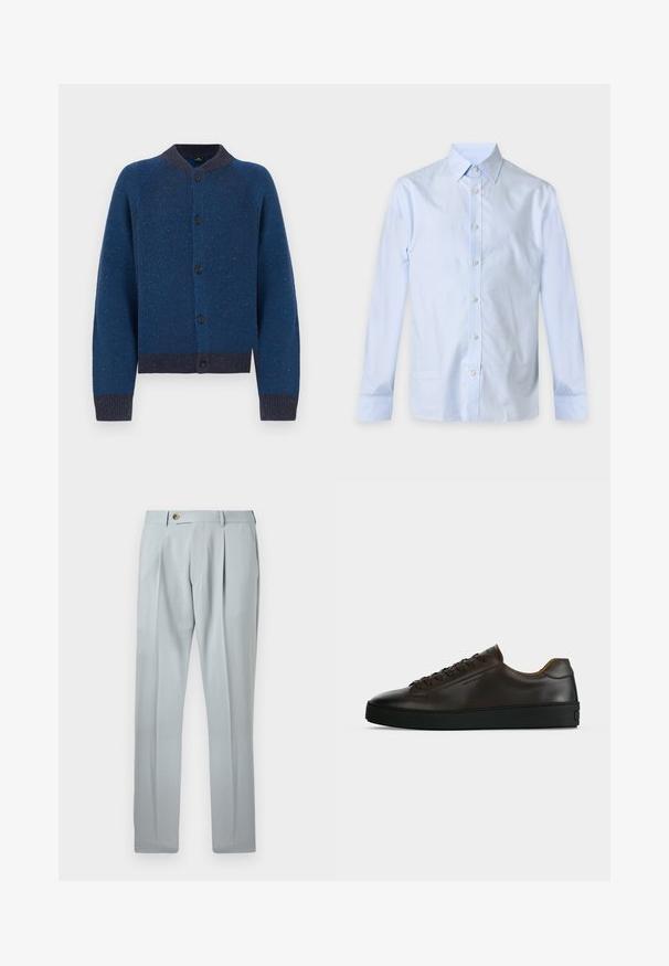 Cardigan bleu tricoté avec un motif texturé, encolure ronde et fermeture à boutons. Présente des poignets et un ourlet côtelés avec des accents bleu plus foncé.; Chemise bleu clair à manches longues avec col pointu et boutons blancs, présentée sur un fond uni.; Pantalon de costume plissé gris clair avec fermeture à bouton et zip, passants pour ceinture et jambes droites.; Baskets basses en cuir marron foncé avec semelle en caoutchouc noire, lacets à l'avant et design minimaliste épuré sur fond clair.
