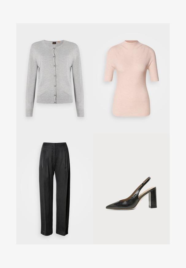Cardigan gris de punto con mangas largas, escote redondo y cierre de botones. Presenta un dobladillo y puños acanalados. Textura suave.; Top corto de manga corta en rosa claro con un cuello alto, que presenta un patrón ribeteado texturizado sobre un fondo neutro.; Pantalones negros de pernera ancha hechos de tela suave, con pliegues frontales, cremallera y diseño clásico de cinturilla.; Zapato slingback de piel negra con puntera puntiaguda, tacón alto y ancho, y forro interior beige sobre un fondo claro y liso.