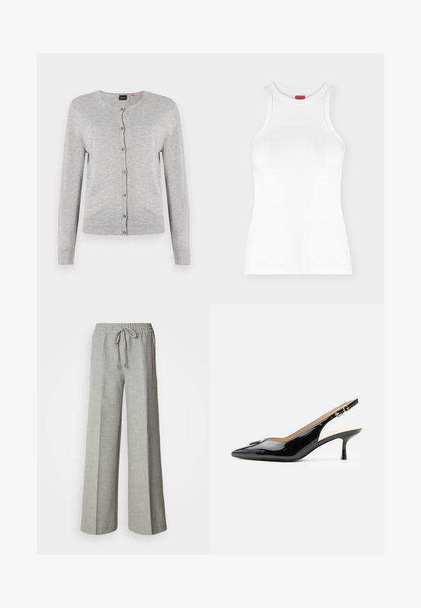 Cardigan gris de punto con mangas largas, escote redondo y cierre de botones. Presenta un dobladillo y puños acanalados. Textura suave.; Camiseta de tirantes blanca con canalé, cuello alto redondo y forma ajustada, mostrada sobre un fondo claro y sencillo.; Pantalones anchos de pierna recta en gris claro con cintura elástica y cordón, bolsillos delanteros y una tela con textura sutil.; Tacón slingback de charol negro con puntera puntiaguda, tacón pequeño tipo kitten y correa con hebilla plateada sobre un fondo blanco liso.