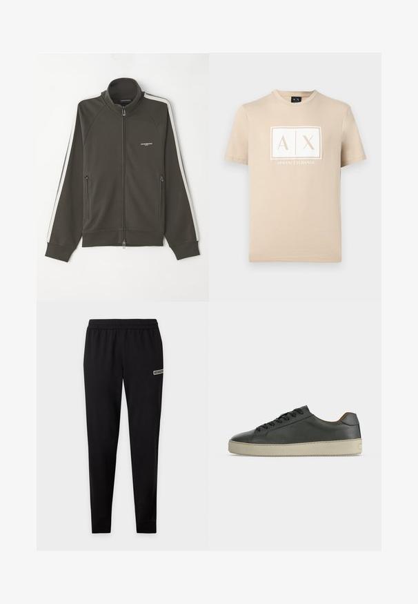 Dunkelolivgrüne Zip-Jacke mit strukturierter Oberfläche, weißen Streifenakzenten an den Ärmeln und zwei seitlichen Reißverschlusstaschen.; Beige Kurzarm-T-Shirt mit Rundhalsausschnitt und weißem Armani Exchange "A|X" Logo in der Mitte auf der Brust.; Schwarze Slim-Fit-Sweathosen mit elastischem Bund und kleinem Logodetail am oberen Oberschenkel vor einfarbigem Hintergrund.; Schwarzer Low-Top-Lederschuh mit schwarzen Schnürsenkeln und cremeweißer Gummisohle, von der Außenseite vor weißem Hintergrund gesehen.