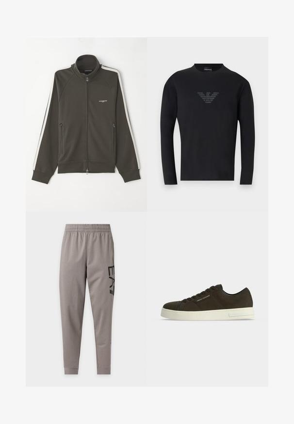 Mørkeolivengrøn zip-up jakke med en struktureret overflade, hvide stribede detaljer langs ærmerne og to sidelommer med lynlås.; Sort langærmet rundhalset skjorte med et subtilt mørkegråt Emporio Armani ørn-logo centreret på brystet.; Lysegrå taperede joggingbukser med elastisk taljebånd og sort "E A7"-tekst trykt lodret på højre lår.; Mørkebrun lavtop-sneaker med hvid sål og "Armani Exchange" logo på siden og sålen mod en ensfarvet lys baggrund.
