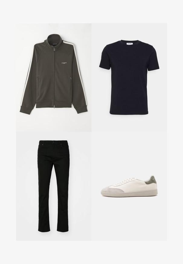 Donkergroene ritsjack met een textuur, witte stripaccenten langs de mouwen en twee zijzakken met rits.; Zwart T-shirt met korte mouwen en ronde hals, met een klein wit label aan de binnenkant van de halslijn.; Zwarte denim jeans met een rechte pijpdesign, vijf-pocket styling en een knoopsluiting. Soepele textuur met subtiele stikdetails.; Witte lage sneaker met lichtgrijze suède accenten op de neus en hiel, witte veters en een platte beige zool, gezien vanaf de buitenkant.