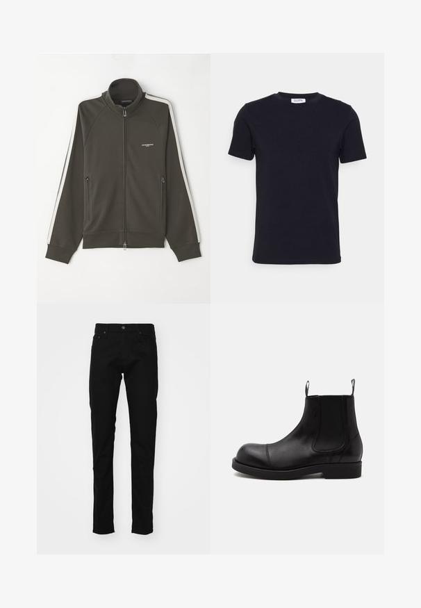 Dunkelolivgrüne Zip-Jacke mit strukturierter Oberfläche, weißen Streifenakzenten an den Ärmeln und zwei seitlichen Reißverschlusstaschen.; Schwarzes T-Shirt mit kurzen Ärmeln und Rundhalsausschnitt, mit einem kleinen weißen Etikett auf der Innenseite des Kragens.; Schwarze Denim-Jeans im Slim-Fit mit einem klassischen Fünf-Taschen-Design, Metallknopf und genähten Details an den Taschen.; Schwarzer Chelsea-Boot aus Leder mit abgerundeter Spitze, elastischen Seiteneinsätzen, Zugschlaufen vorn und hinten, flacher Sohle, seitlich auf weißem Hintergrund abgebildet.
