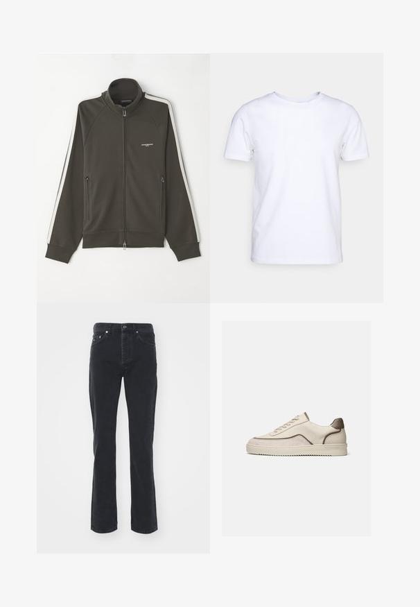 Donkergroene ritsjack met een textuur, witte stripaccenten langs de mouwen en twee zijzakken met rits.; Witte katoenen t-shirt met korte mouwen en een ronde hals. Eenvoudig ontwerp zonder patronen of accenten. Glad textuur.; Zwarte denim jeans met een rechte pijpdesign, voorzien van vijf zakken en een knoopsluiting. De stof heeft een subtiele textuur en stevige afwerking.; Beige lage sneaker met vetersluiting, suède en leren panelen en een geribbelde rubberen zool op een effen witte achtergrond.