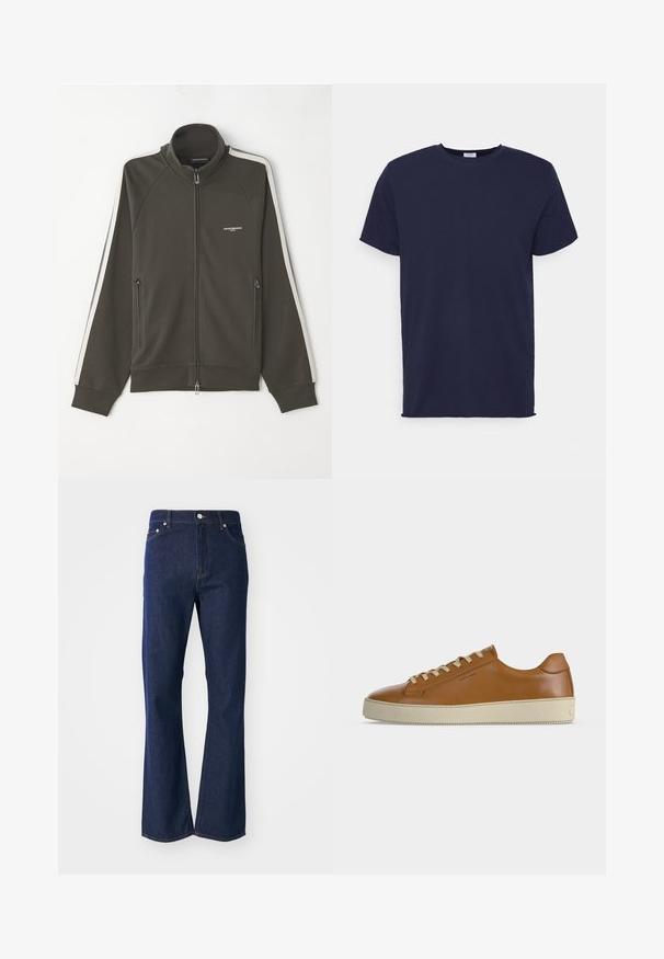 Donkergroene ritsjack met een textuur, witte stripaccenten langs de mouwen en twee zijzakken met rits.; Navyblauwe T-shirt met korte mouwen van zachte stof. Heeft een ronde hals en een rechte snit zonder patronen of accenten.; Flared donkerblauwe jeans gemaakt van denim. Beschikt over vijf zakken, een ritssluiting aan de voorkant en een metalen knoopsluiting. Klassieke stikselaccenten.; Lage bruine leren sneaker met crèmekleurige veters en dikke crèmekleurige rubberen zool, zijaanzicht op witte achtergrond.