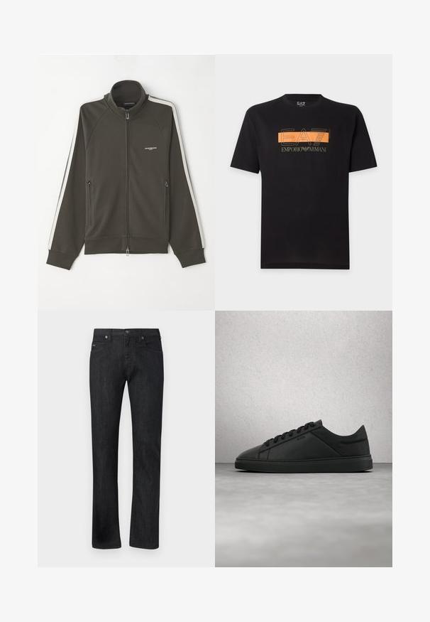 Dunkelolivgrüne Zip-Jacke mit strukturierter Oberfläche, weißen Streifenakzenten an den Ärmeln und zwei seitlichen Reißverschlusstaschen.; Schwarzes Kurzarm-T-Shirt mit einem orangen horizontalen Streifen und dem Emporio Armani EA7-Logo in Weiß und Orange auf der Brust.; Schwarze Jeans mit geradem Bein, fünf Taschen, Gürtelschlaufen, Knopfverschluss und dezentem Markenlogo auf der vorderen rechten Tasche.; Schwarzer flacher Ledersneaker mit Schnürsenkeln und "BOSS"-Logo, schwebend über einem glatten Betonboden in der Nähe von Glasbausteinen.