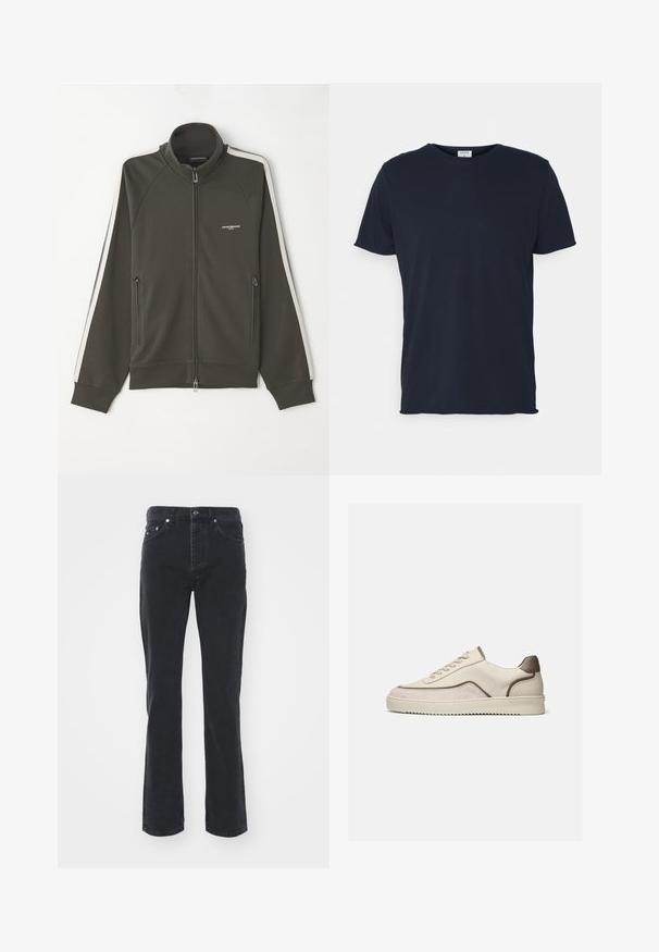 Dunkelolivgrüne Zip-Jacke mit strukturierter Oberfläche, weißen Streifenakzenten an den Ärmeln und zwei seitlichen Reißverschlusstaschen.; Marineblaue Baumwoll-T-Shirt mit Rundhalsausschnitt und kurzen Ärmeln, mit einer glatten Oberfläche und einfachem Design, ohne sichtbare Muster oder Akzente.; Schwarze Jeans aus Denim mit geradem Bein, ausgestattet mit fünf Taschen und einem Knopfverschluss. Der Stoff hat eine subtile Textur und eine robuste Verarbeitung.; Beiger Sneaker mit niedrigem Schaft, Schnürverschluss, Velours- und Leder-Einsätzen und einer profilierten Gummisohle auf weißem Hintergrund.