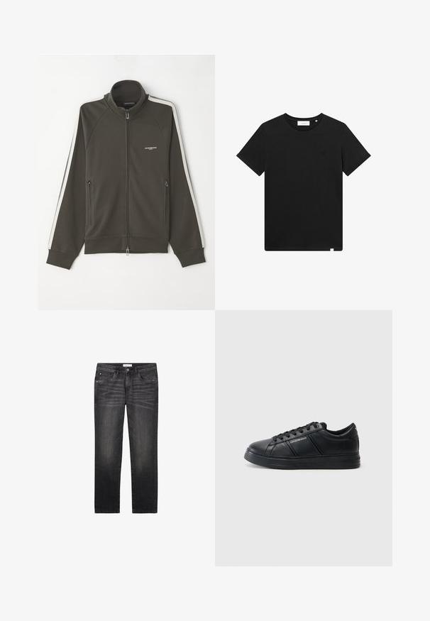 Dunkelolivgrüne Zip-Jacke mit strukturierter Oberfläche, weißen Streifenakzenten an den Ärmeln und zwei seitlichen Reißverschlusstaschen.; Schwarzes T-Shirt mit kurzen Ärmeln aus Baumwolle, mit Rundhalsausschnitt und einem kleinen, auf der Brust gestickten Logo. Glatte Textur, normale Passform.; Schwarze Jeans aus Denim mit geradem Bein, Fünf-Taschen-Design und dezenter Ausbleichung. Vervollständigt mit einem Knopfverschluss und mittlerer Bundhöhe.; Schwarze Leder-Sneaker mit glatter Oberfläche, abgerundeter Zehenpartie, Schnürung an der Vorderseite, gepolstertem Kragen und strukturierten Seitenelementen. Dezente Logodetails sichtbar.