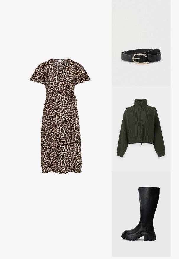 Strikket cropped cardigan i mørkegrøn med høj krave og lynlås foran. Har brede ærmer og ribbet tekstur over hele stoffet.; Omslagskjole til knæet med korte ærmer i leopardprint, med bælte der bindes i siden og V-halsudskæring.; Sorte knæhøje støvler lavet af glat læder med en kraftig sål, der har en rund tå, elastiske sidepaneler og en subtil syning.; Sort læderbælte med sølvfarvet ovalt spænde, rullet sammen på en lysegrå baggrund.