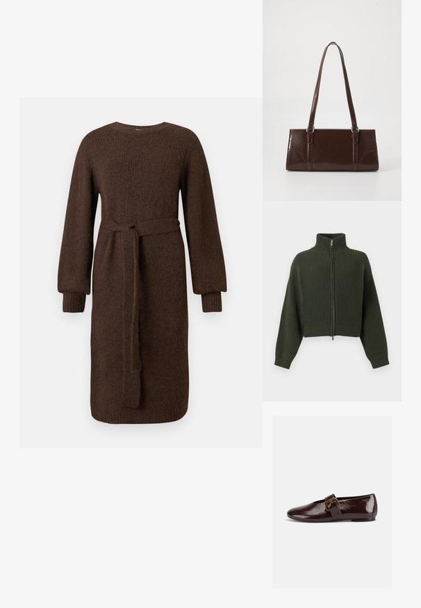 Strikket cropped cardigan i mørkegrøn med høj krave og lynlås foran. Har brede ærmer og ribbet tekstur over hele stoffet.; Langærmet brun strikkjole med ribbede manchetter og aftageligt livbånd, knælang, enkel rund halsudskæring.; Mørkebrun laklædersko med stor guldlås og rund tå, vist i sideprofil på hvid baggrund.; Brun lakeret håndtaske med rektangulær form, to lange håndtag og subtile buede detaljer på fronten.