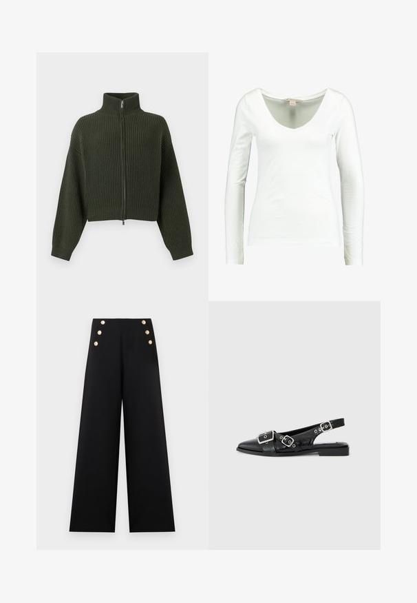 Strikket cropped cardigan i mørkegrøn med høj krave og lynlås foran. Har brede ærmer og ribbet tekstur over hele stoffet.; Hvid blus med lange æer og dyb V-udskæring. Fremstillet af blødt stof, med en tætsiddende silhuet og glat tekstur. Uden mønstre eller accenter.; Sorte bukser med brede ben og høj talje med to søjler af tre gyldne dekorative knapper foran.; Sorte læderslingbacksko med spids tå, to sølvspænder og en lav blokhæl. Har en struktureret overdel og åben bag.