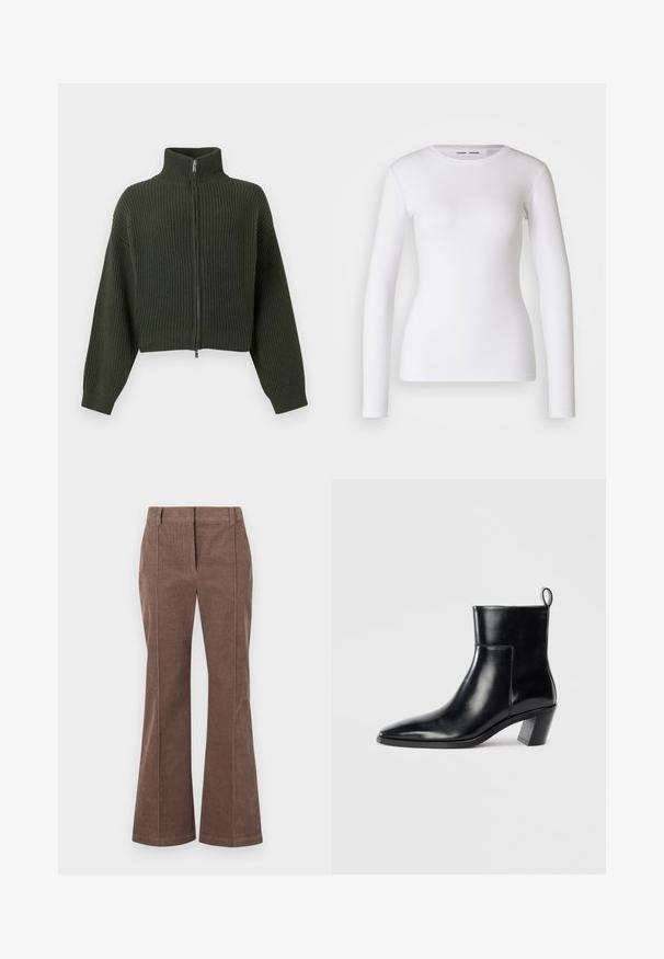 Strikket cropped cardigan i mørkegrøn med høj krave og lynlås foran. Har brede ærmer og ribbet tekstur over hele stoffet.; Hvid langærmet skjorte lavet af ribbet stof, med runde udskæring og tætsiddende pasform. Ingen mønstre eller accenter er til stede.; Brune corduroy lige bukser med frontfold og bæltestropper, præsenteret mod en hvid baggrund.; Sort læder ankelstøvle med spids tå, geometrisk stablet hæl og en løftestrop bagpå. Glat tekstur og slankt design.
