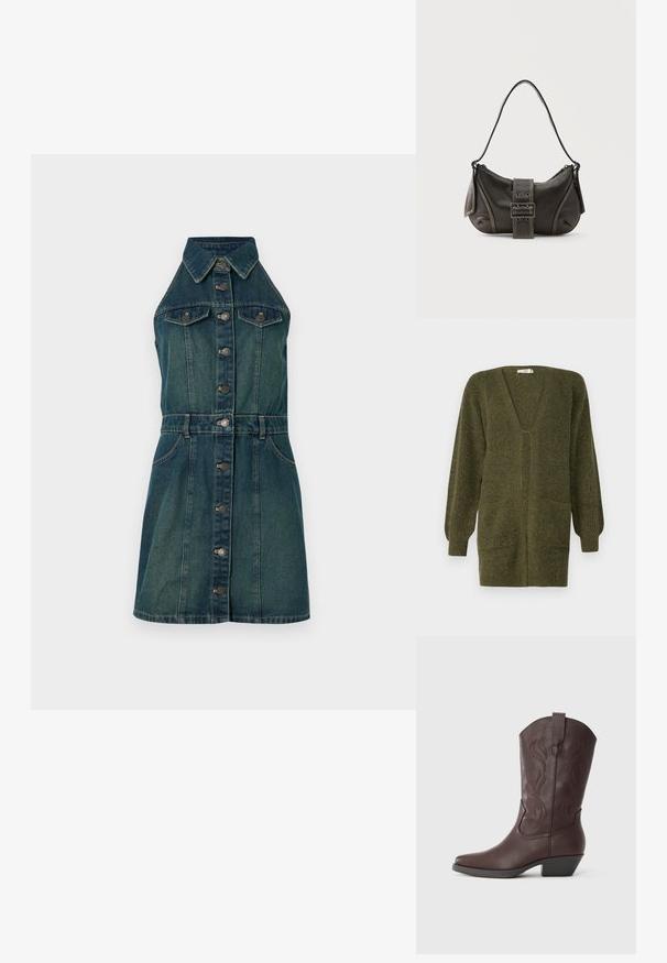 JDY JDYINGEBORG - Chaqueta de punto - dark green; Vestido de denim con cuello camisero, cierre frontal de botones y dos bolsillos en el pecho. Color azul oscuro con una textura ligeramente desgastada.; Bota vaquera de cuero marrón con punta puntiaguda, costuras decorativas en la caña y un tacón bajo apilado. Textura lisa y diseño curvo.; Bolso de hombro de cuero negro con detalle de correa con hebilla, bordes curvos y costuras blancas en contraste sobre un fondo liso.