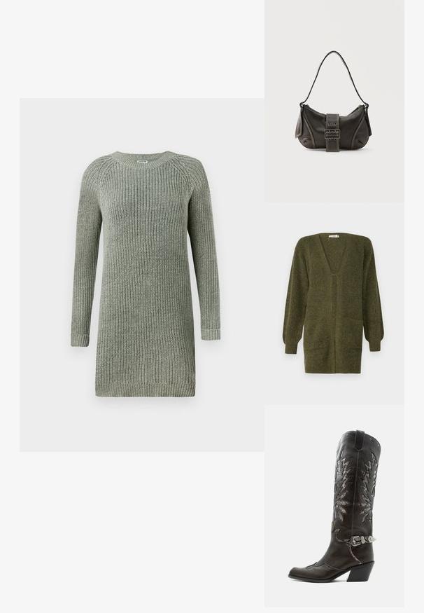 JDY JDYINGEBORG - Chaqueta de punto - dark green; Vestido de suéter de punto grueso en suave color verde salvia, con escote redondo, mangas largas y puños y dobladillo acanalados para darle textura.; Bota cowboy de cuero negro con recortes decorativos, hebilla plateada y tacón inclinado, presentada sobre fondo blanco.; Bolso de hombro de cuero negro con detalle de correa con hebilla, bordes curvos y costuras blancas en contraste sobre un fondo liso.