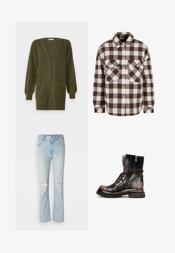 JDY JDYINGEBORG - Strickjacke - dark green; Braun-weißer Karo-Hemd mit Knöpfen, zwei Brusttaschen, klassischem Kragen und durchgehender Knopfleiste. Weicher Stoff.; Hellblaue Jeans mit hoher Taille, ausgestelltem Bein, ausgefransten Details und ausgeschnittenem Stoff an den Knien. Fünf-Taschen-Design.; Schwarzer und brauner Leder-Kampfstiefel mit seitlichem Reißverschluss, Schnürsenkeln, robuster Sohle und einem Riemen mit Schnalle auf der Rückseite, von der rechten Seite gezeigt.