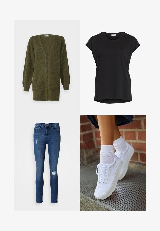 JDY JDYINGEBORG - Cardigan - dark green; Sort kortærmet afslappet t-shirt med opkrøjede ærmer og rund halsudskæring fra mærket VILA.; Slank pasform jeans lavet af mørkeblå denim med slidte lapper på knæene. Har en knap- og lynlåslukning samt fem lommer.; Hvide lærreds sneakers med gummisåler, der har seks snørehuller, rund tå og let sømdetaljer, krydret med hvide ankelstrømper.