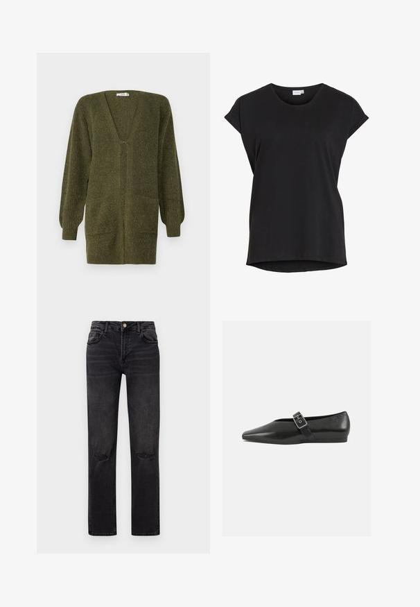 JDY JDYINGEBORG - Strickjacke - dark green; Schwarzes kurzärmeliges Freizeit-T-Shirt mit umgeschlagenen Bündchen und rundem Ausschnitt von der Marke VILA.; Schwarze Denim-Jeans mit geradem Bein. Zu den Merkmalen gehören zwei Fronttaschen, lädierte Knieakzente und ein Knopfverschluss.; Schwarze Lederflachschuhe mit spitzem Zehenbereich, ausgestattet mit einem metallischen Riemen über dem Spann und einer niedrigen, flexiblen Sohle.