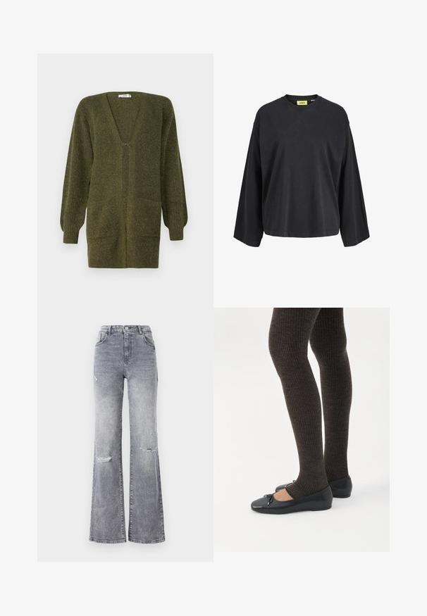 JDY JDYINGEBORG - Strickjacke - dark green; Schwarzes Langarmshirt mit Rundhalsausschnitt, lockerer Passform und gelbem Markenetikett im Krageninneren.; Hoch taillierte graue Denim-Jeans mit ausgestelltem Bein, versehen mit distressed Knie-Details, einem klassischen Fünf-Taschen-Design und tonalem Nähen.; Beine in dunklen, gerippten Leggings kombiniert mit schwarzen Ballerinas mit kleinen Schleifendetails auf weißem Hintergrund.