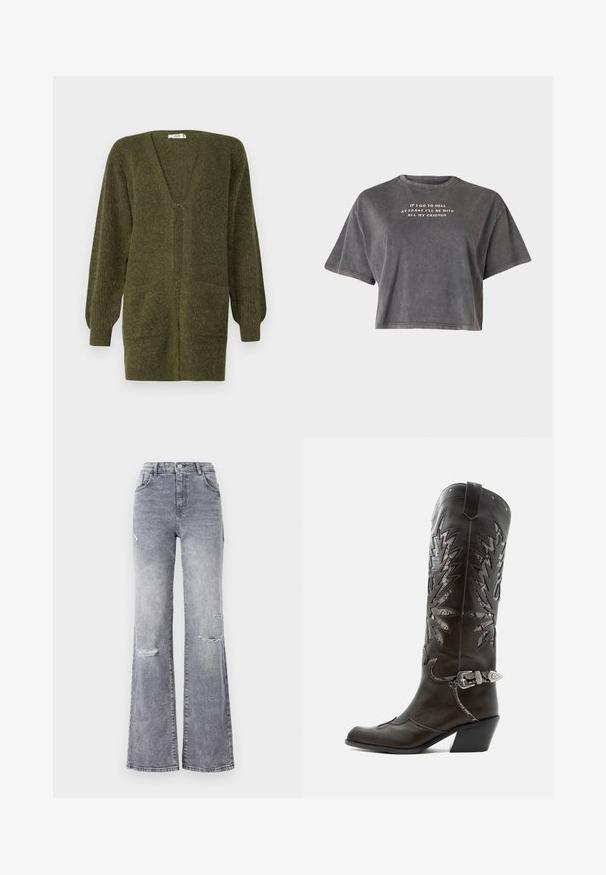 JDY JDYINGEBORG - Strickjacke - dark green; Even&Odd T-Shirt print - black; Hoch taillierte graue Denim-Jeans mit ausgestelltem Bein, versehen mit distressed Knie-Details, einem klassischen Fünf-Taschen-Design und tonalem Nähen.; Schwarzer Leder-Cowboystiefel mit dekorativen Ausschnitten, silberner Schnalle und schräger Ferse, auf weißem Hintergrund dargestellt.