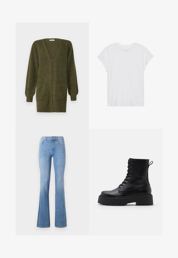 JDY JDYINGEBORG - Strickjacke - dark green; Weißes kurzärmliges T-Shirt mit Rundhalsausschnitt, lockerer Passform, aus weichem Baumwollstoff. Glatte Textur, keine Muster oder Logos.; Hellblaue Schlagjeans mit mittelhohem Bund, klassischem Fünf-Taschen-Design und sanften Verblassungen entlang der Beine. Denimstofftextur.; Schwarze Lederstiefeletten mit runder Zehenpartie, Schnürung vorne und einer dicken Gummisohle mit strukturiertem Profil. Mit Zugschlaufe an der Rückseite.