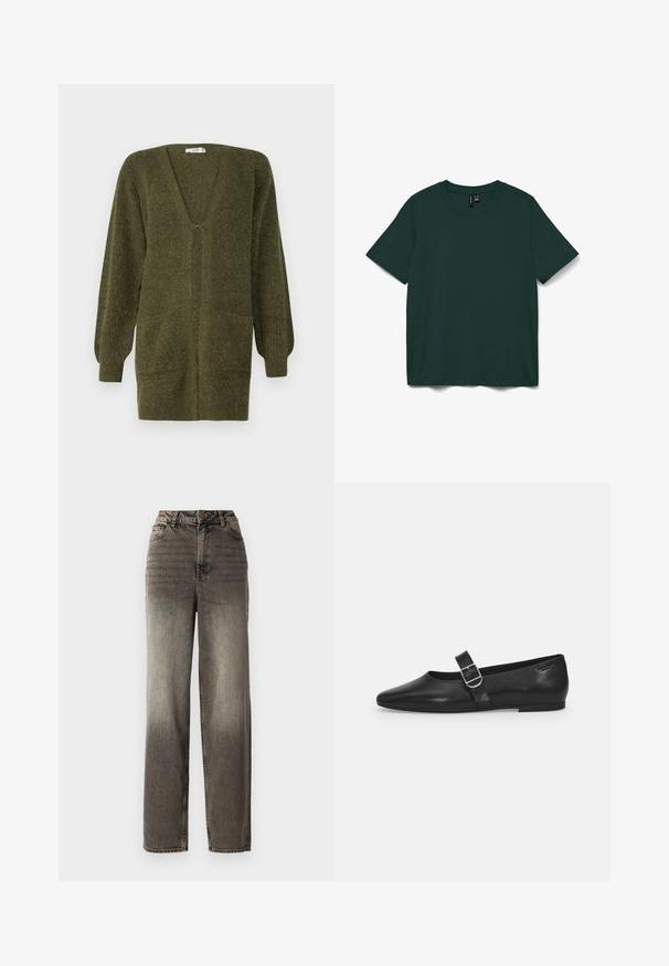 JDY JDYINGEBORG - Kardigán - dark green; Tmavohnedé tričko s krátkym rukávom vyrobené z jemnej látky. Má okrúhly výstrih a jednoduchý, rovný strih. Bez vzorov alebo ozdôb.; Široké, šedé džínsy v bledom denimovom vzhľade. Majú vysoký pás, päť vreciek a klasické gombíkové zapínanie. Textúrovaná tkanina s viditeľnými švami.; Čierna kožená plochá obuv s okrúhlym nosom, jedným nastaviteľným pásikom so sponou a hladkým, lesklým povrchom. Minimalistický dizajn s nízkym podpätkom.
