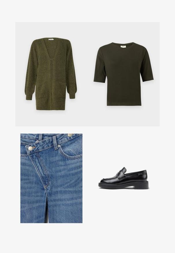 JDY JDYINGEBORG - Vest - dark green; Donkergroene t-shirt met korte mouwen en een ronde hals, gemaakt van zachte stof, met een eenvoudig en recht gesneden ontwerp.; Blauwe denim jeans met voorkanten zakken, puntige muntenzak, riemlussen en metalen knoopsluiting met zichtbare stikdetails.; Zwarte leren loafers met een afgeronde neus, voorzien van een gestikt ontwerp en een robuuste rubberen zool. Aangevuld met een decoratieve band.