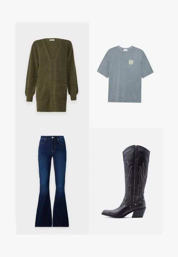 JDY JDYINGEBORG - Gilet - dark green; T-shirt surdimensionné bleu clair en coton doux, avec un col rond et un motif de soleil jaune sur le côté gauche de la poitrine.; Jean flare bleu foncé à taille haute, en denim. Présente des coutures contrastées et une fermeture à bouton à l'avant. Texture lisse.; Bottes de cow-boy en cuir noir avec bout pointu, coutures apparentes, ornements à clous argentés et fermeture éclair sur le côté intérieur.