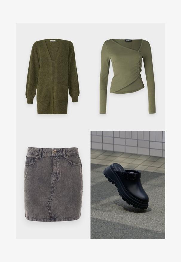 JDY JDYINGEBORG - Cardigan - dark green; Langærmet, olivengrøn top i ribbet stof. Har et draperet design med V-hals og sidelukninger langs den overlappende kant.; Grå denimnederdel med lodret ribbet tekstur, der har en frontknaplukning, to sidelommer og en lige kant.; Sort slip-on træsko med tyk rillede sål og justerbar rem, placeret over asfalt med flisebelagt væg i baggrunden.