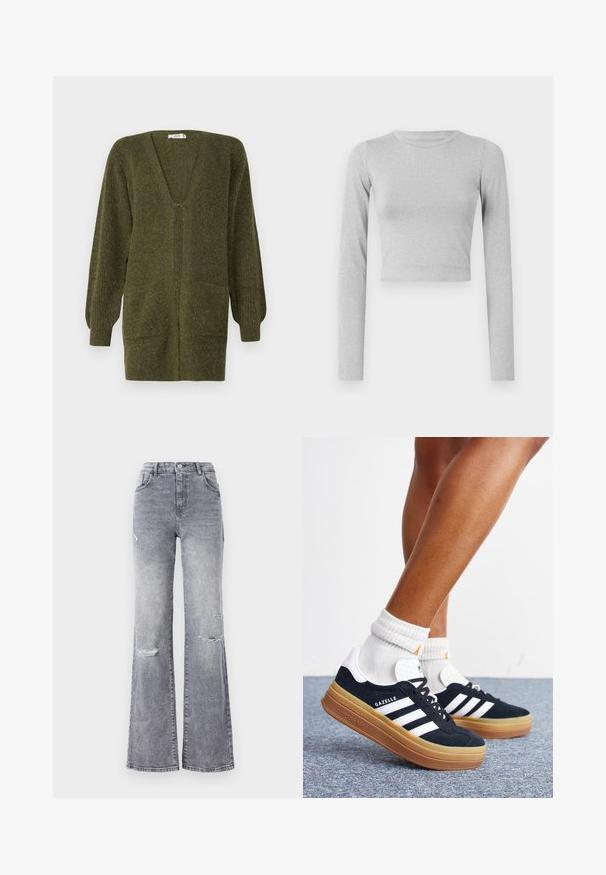 JDY JDYINGEBORG - Strickjacke - dark green; Hellgraues, kurz geschnittenes Langarmoberteil aus einem dehnbaren Stoff, mit einem einfachen runden Halsausschnitt und einer glatten Textur.; Hoch taillierte graue Denim-Jeans mit ausgestelltem Bein, versehen mit distressed Knie-Details, einem klassischen Fünf-Taschen-Design und tonalem Nähen.; Beine mit weißen Socken und schwarzen Adidas Gazelle Sneakers mit weißen Streifen und dicken braunen Sohlen auf einem grauen Teppichboden.